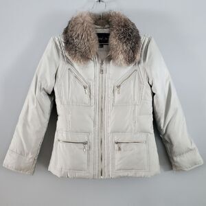 Pasha & Jo New York Grey Down Puffer Jacket with Fox Fur Collar Size S